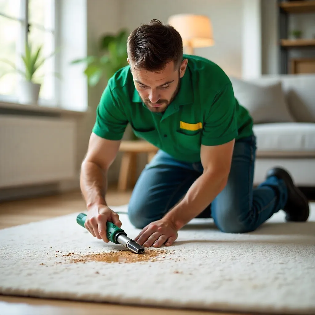 Technician in a green uniform performing rug cleaning by vacuuming dirt and debris from a rug, kneeling on the floor in a bright, modern living room with a sofa and plants in the background.
