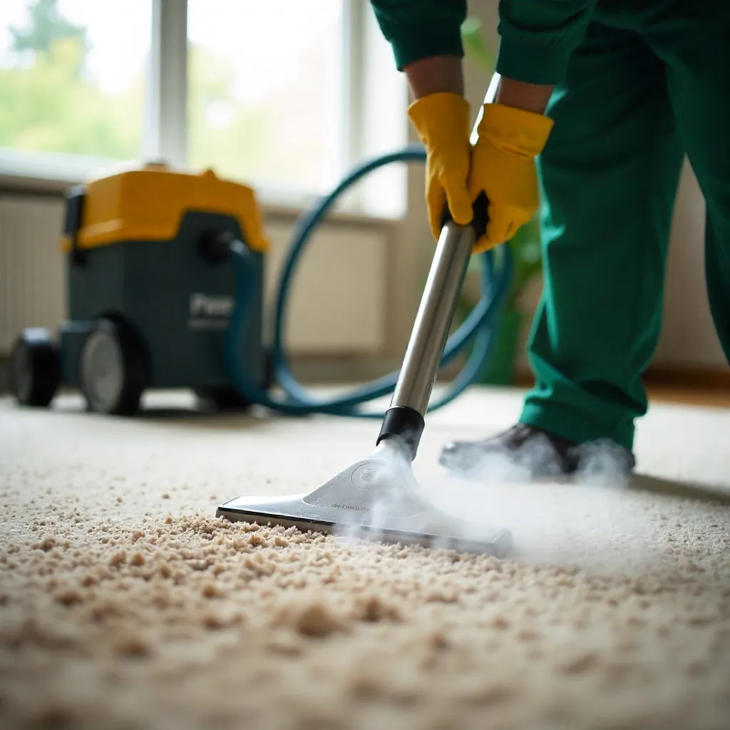 Close-up of a professional performing carpet cleaning with a hot water extraction machine, deep-cleaning a beige carpet to remove embedded dirt and allergens.