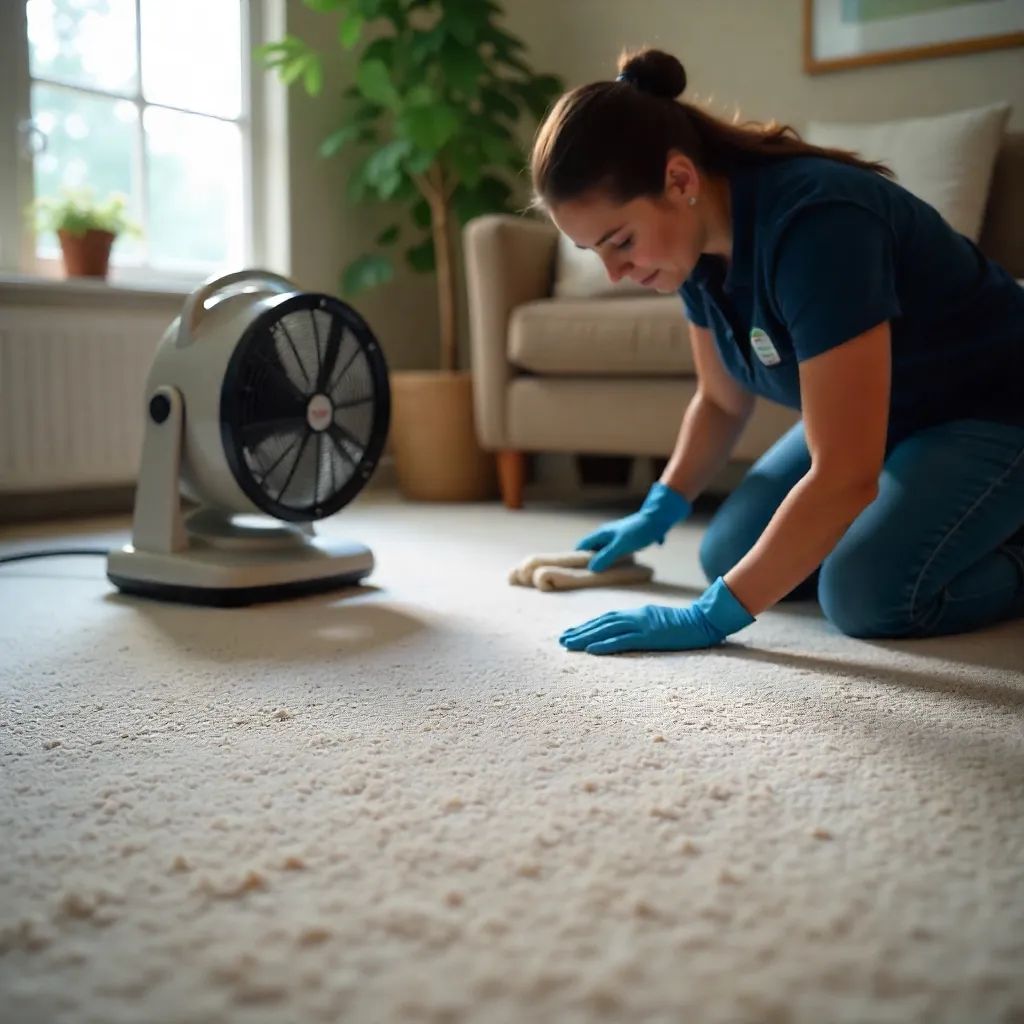 Professional cleaner using a fan and towel to speed up drying after carpet cleaning in a bright living room, ensuring thorough moisture removal and freshness.