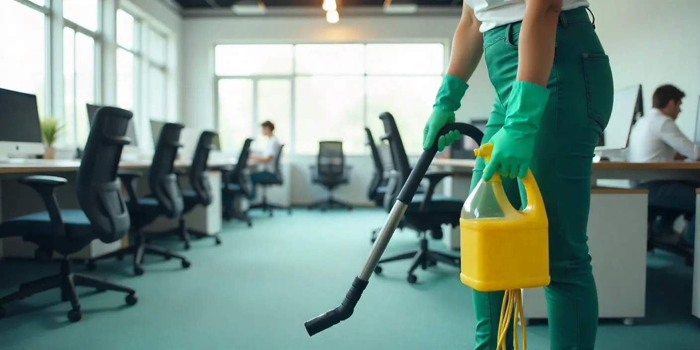 Professional cleaner holding a vacuum and detergent bottle in a modern office space, performing upholstery cleaning to maintain cleanliness and hygiene of office furniture and carpets.