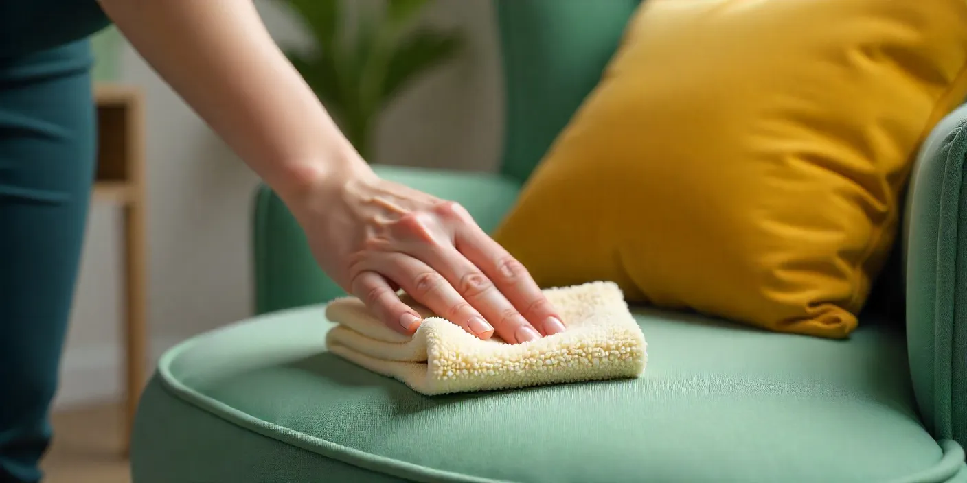 Close-up of a person wiping a green fabric armchair with a soft cloth during upholstery cleaning, ensuring the furniture is spotless and well maintained with a fresh, polished look.