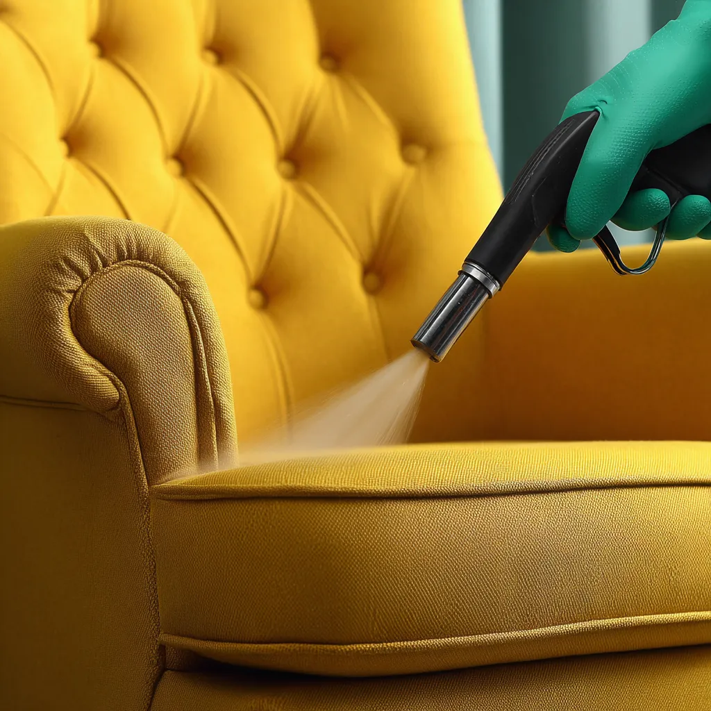 Professional cleaner using a steam extraction tool on a yellow armchair during upholstery cleaning, removing stains and sanitizing the fabric surface