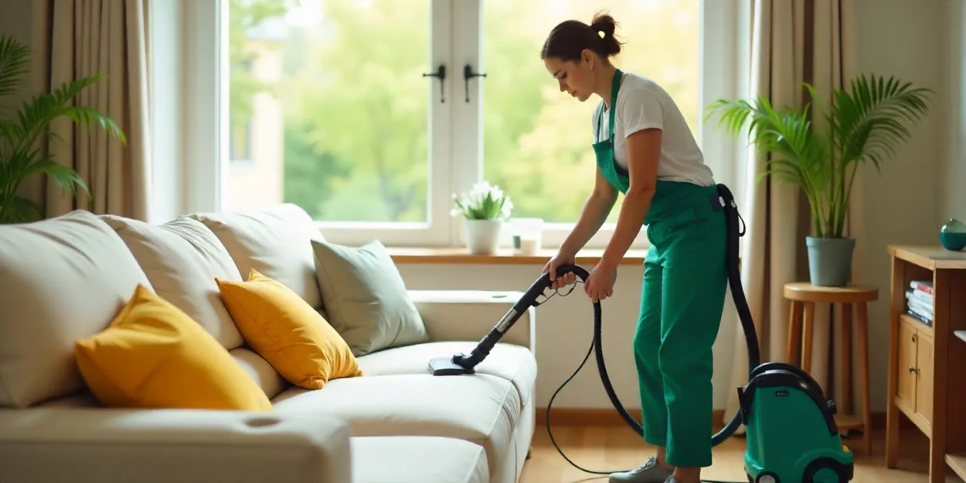 Female cleaner vacuuming a sofa in a modern living room filled with natural light, performing professional upholstery cleaning to remove dust and allergens.