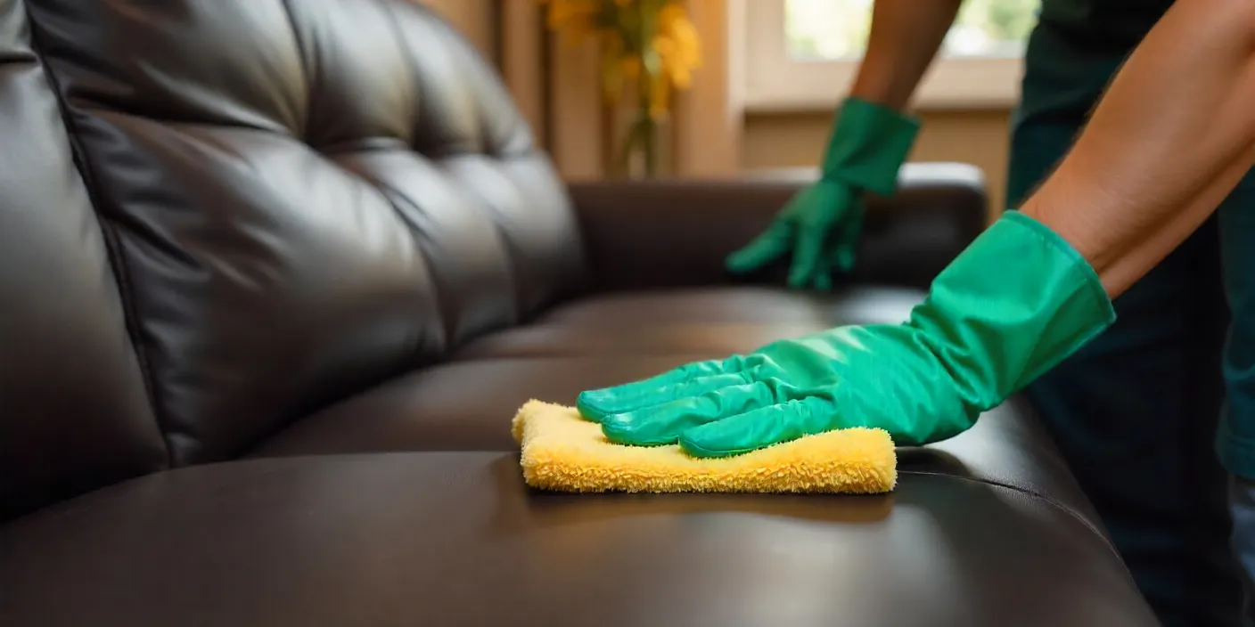 Close-up of a cleaner’s gloved hands wiping a dark leather sofa with a yellow cloth, ensuring thorough upholstery cleaning and surface care.