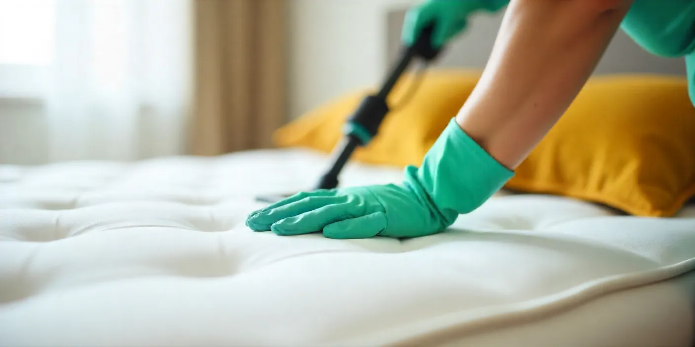 Close-up of a professional cleaner wearing green gloves, vacuuming a mattress as part of upholstery cleaning services to remove dust, allergens, and bacteria for a fresh and hygienic sleeping environment.
