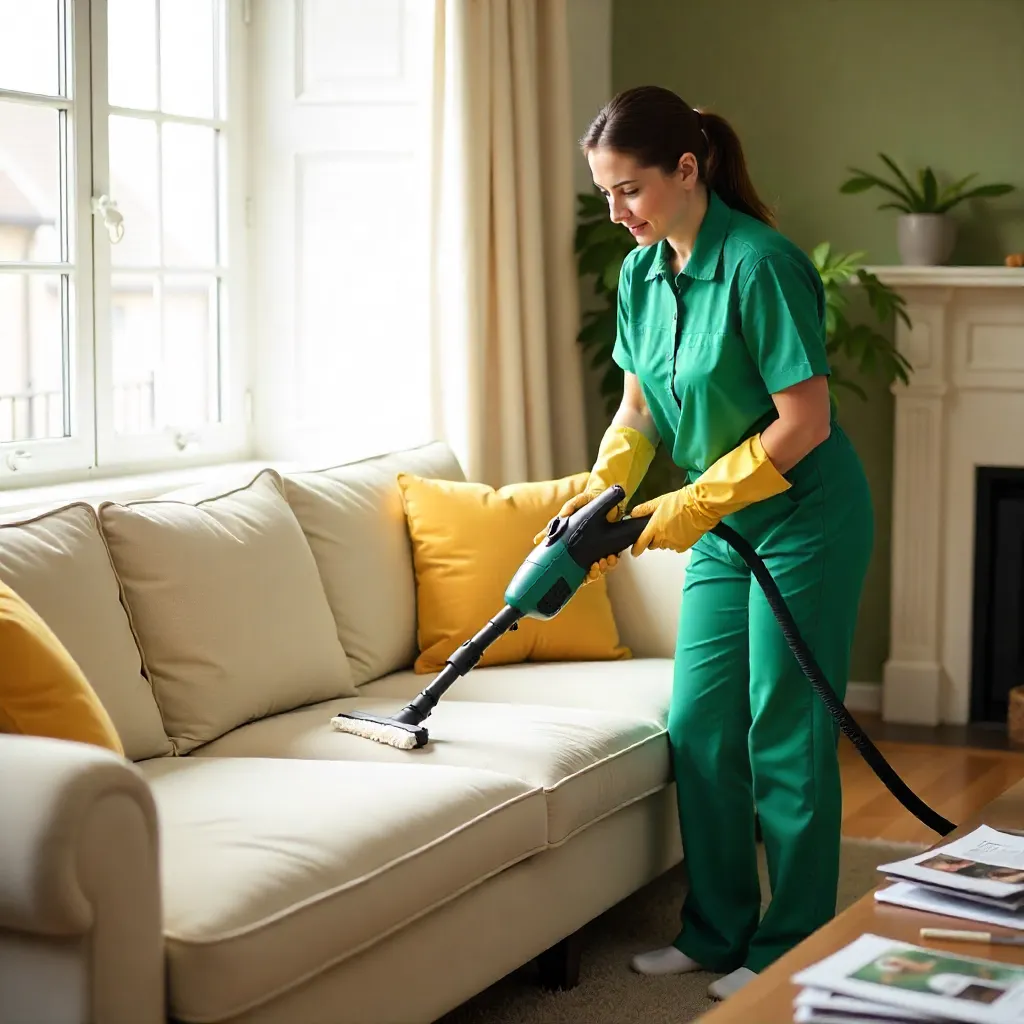 Female cleaner using a professional steam machine on a beige sofa during upholstery cleaning, ensuring deep sanitation and removal of dirt, dust, and allergens for a fresh, spotless finish.