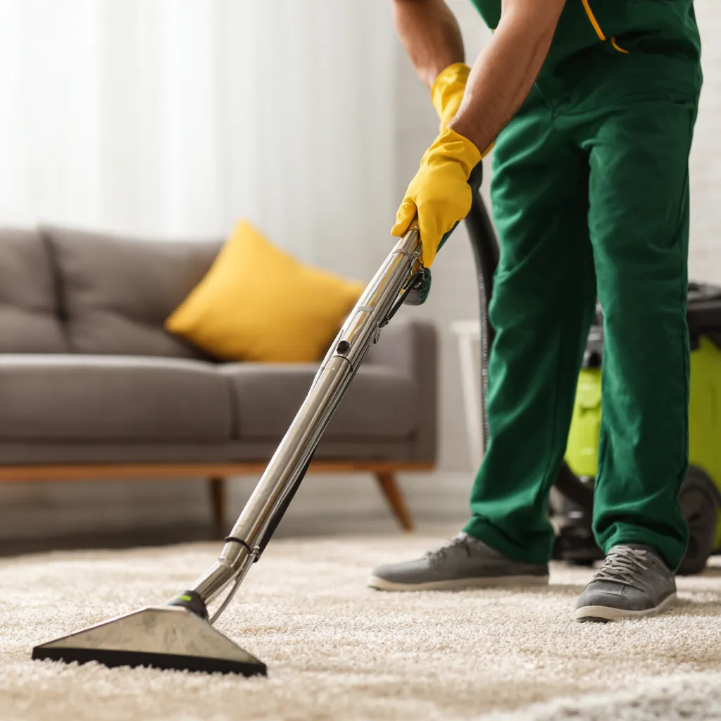 Professional cleaner using steam extraction machine for carpet cleaning in a modern living room