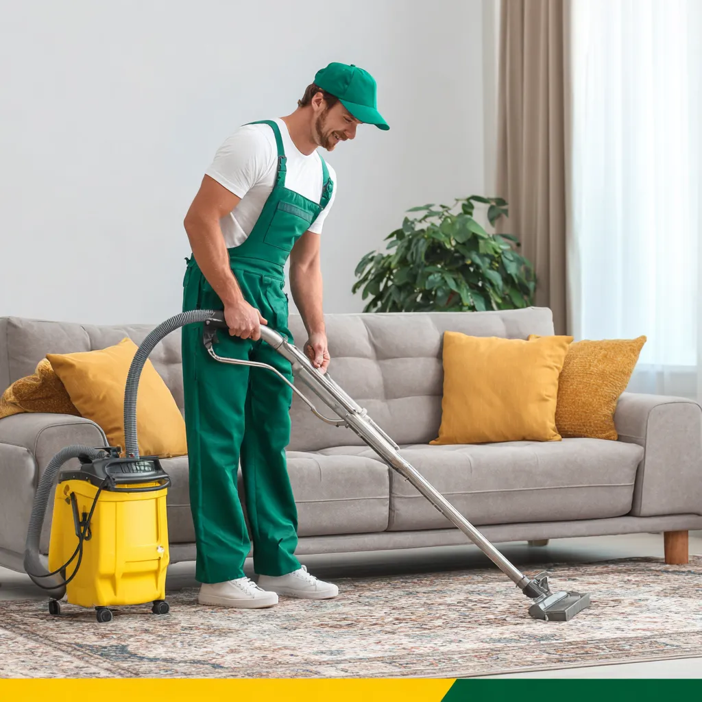 Professional cleaner using industrial vacuum for carpet cleaning in a bright living room with yellow cushions
