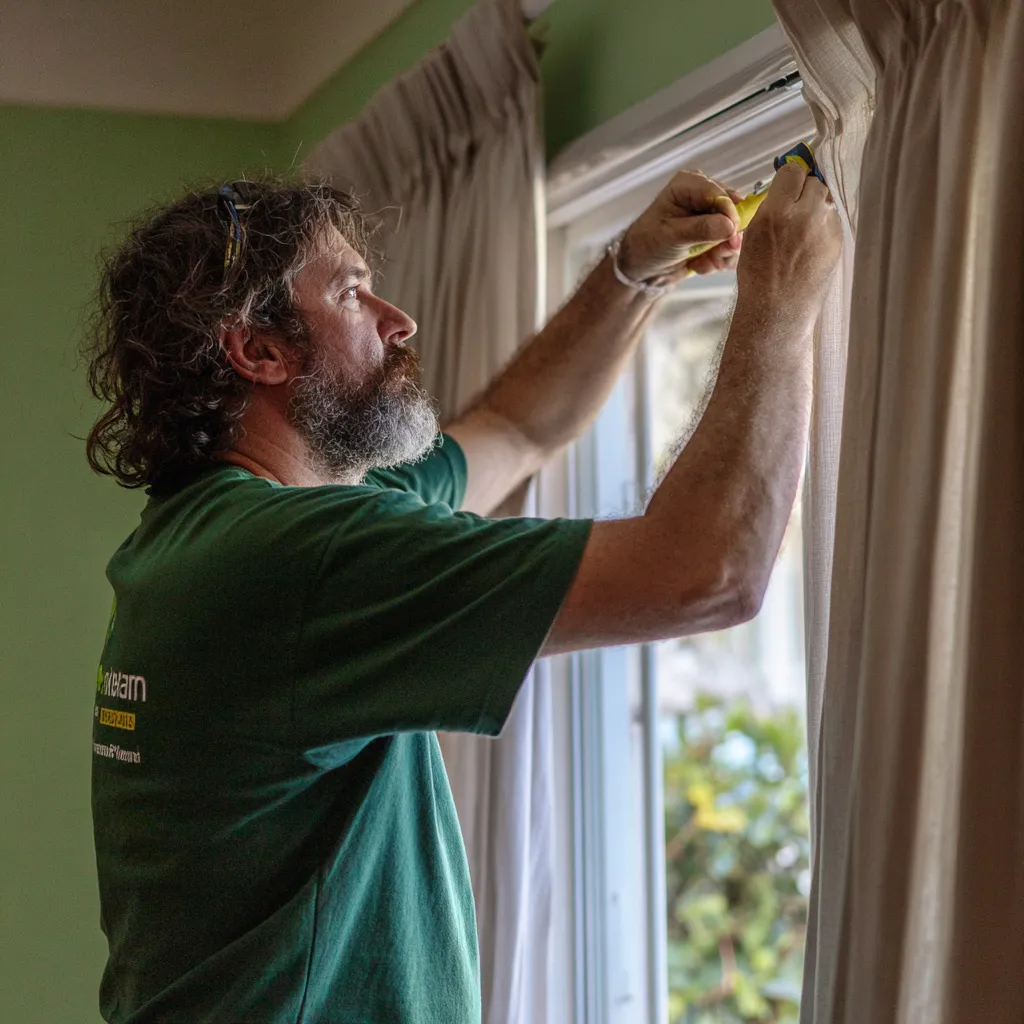 A professional technician in a green uniform carefully removing curtain hooks from a window rail during curtain cleaning.