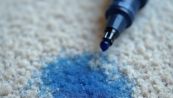 Blue ink stain and marker left on white carpet